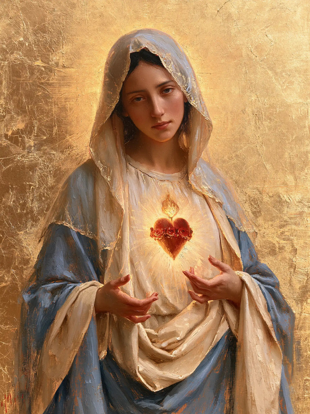 Mary revealing her Immaculate Heart in Sacred Gold style, portrait Christian artwork no. 31