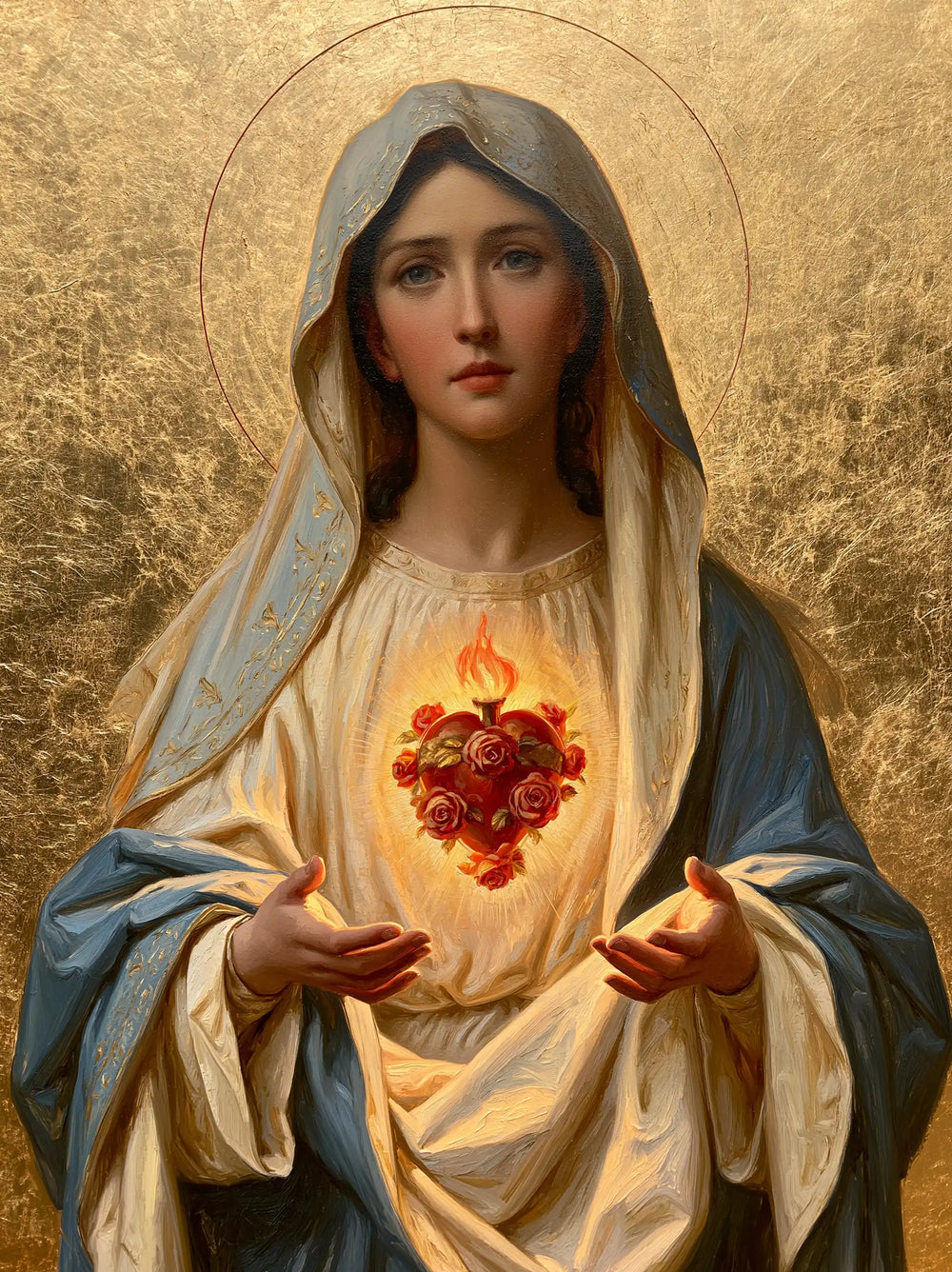 Mary revealing her Immaculate Heart in Sacred Gold style, portrait Christian artwork no. 33