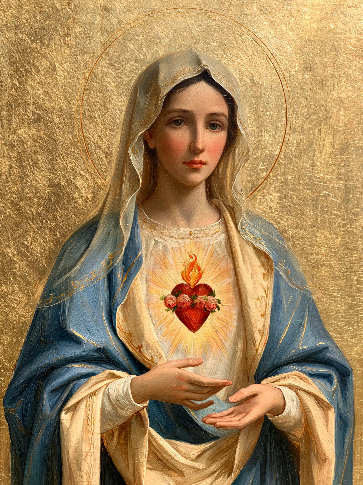 Mary revealing her Immaculate Heart in Sacred Gold style, portrait Christian artwork no. 34