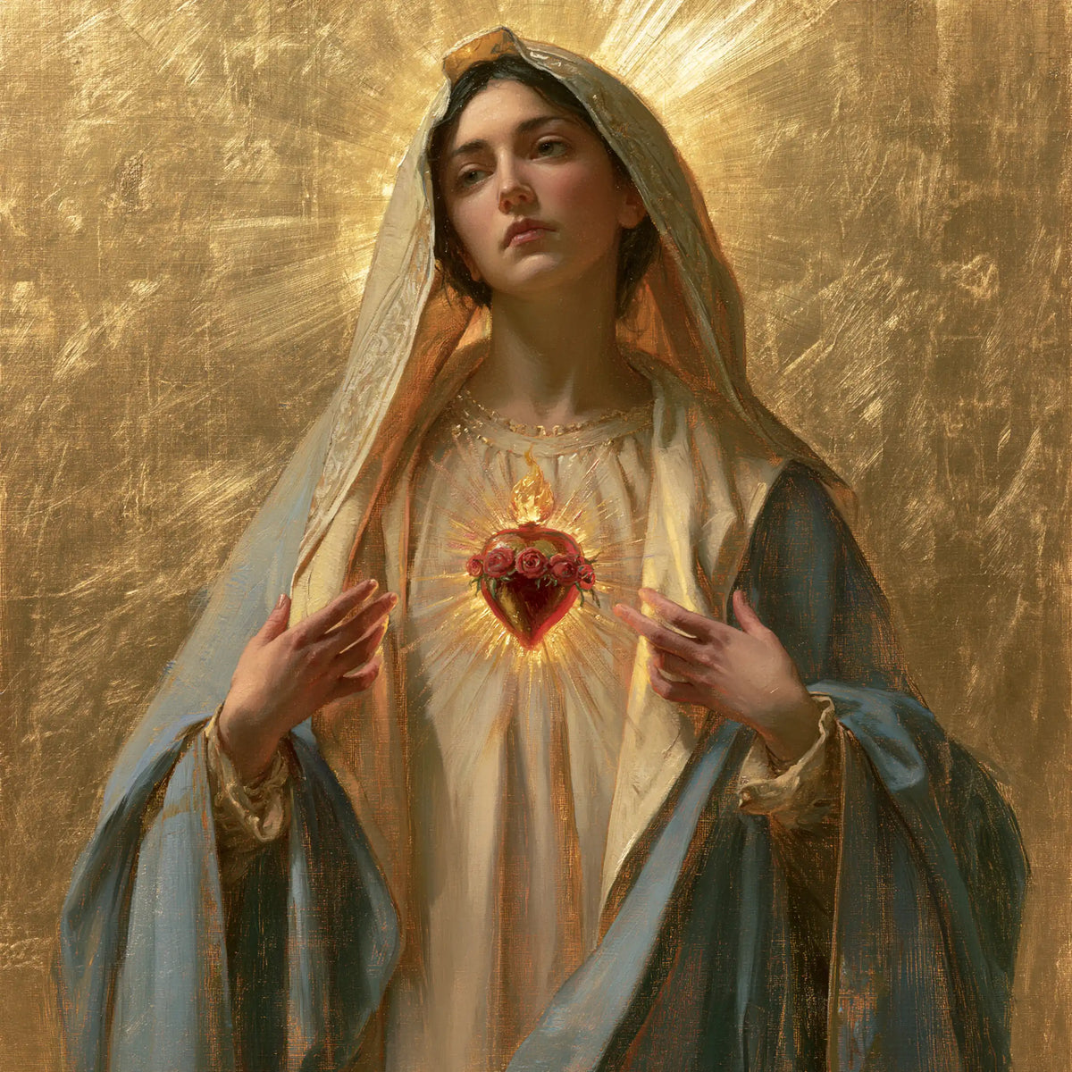 Mary revealing her Immaculate Heart in Sacred Gold style, square Christian artwork no. 1