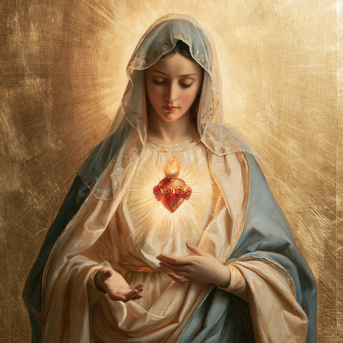 Mary revealing her Immaculate Heart in Sacred Gold style, square Christian artwork no. 3