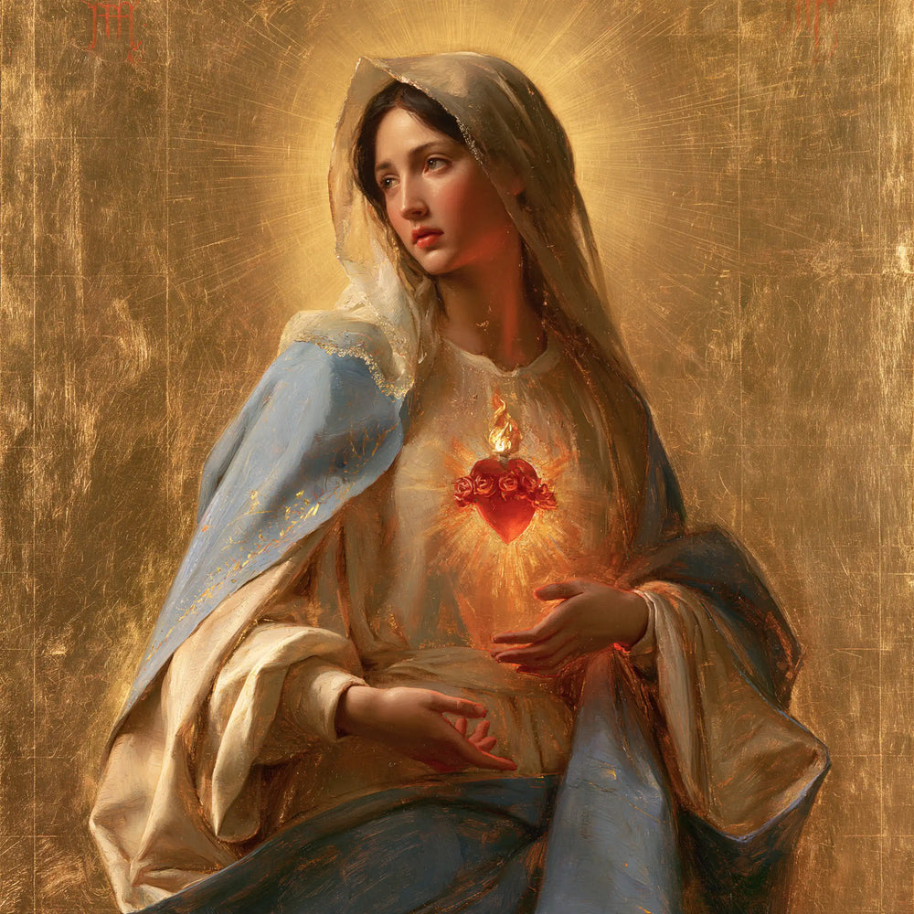 Mary revealing her Immaculate Heart in Sacred Gold style, square Christian artwork no. 5