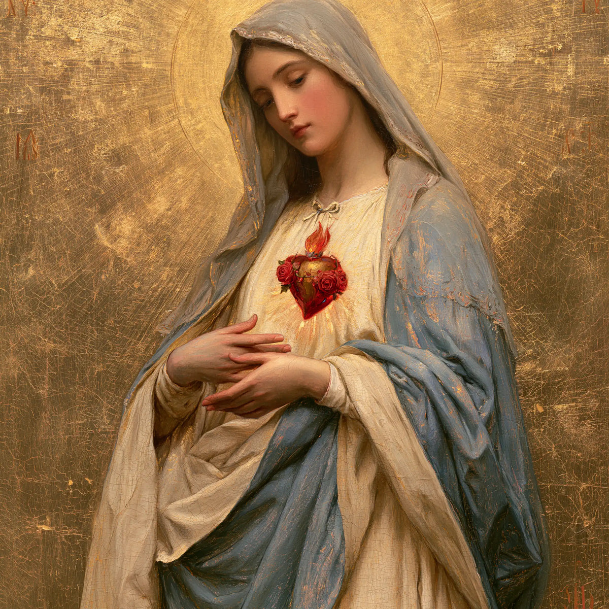 Mary revealing her Immaculate Heart in Sacred Gold style, square Christian artwork no. 6