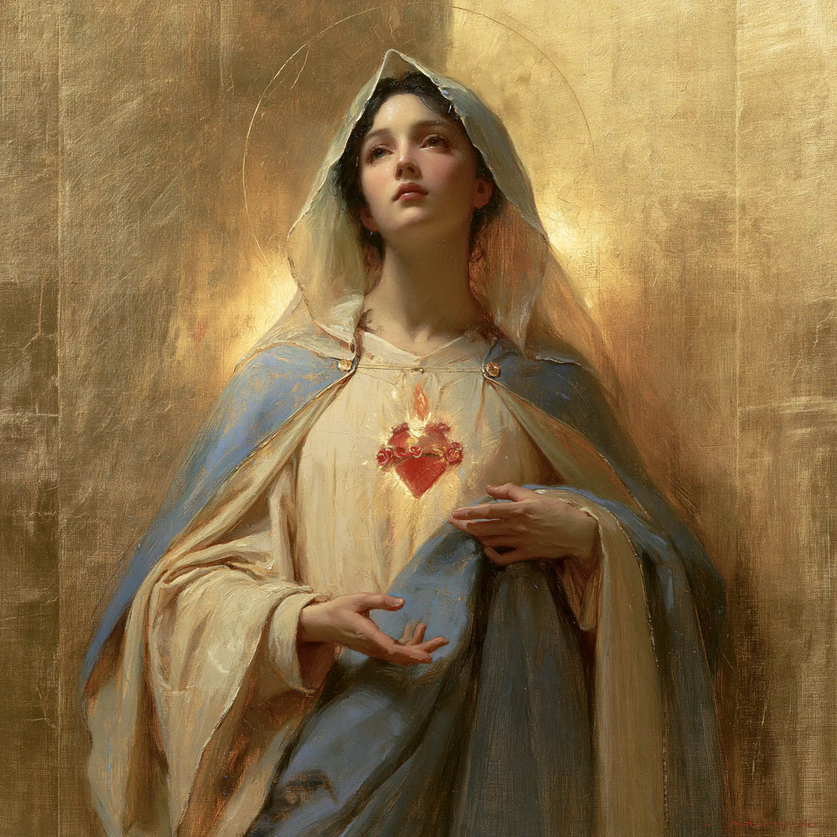 Mary revealing her Immaculate Heart in Sacred Gold style, square Christian artwork no. 7