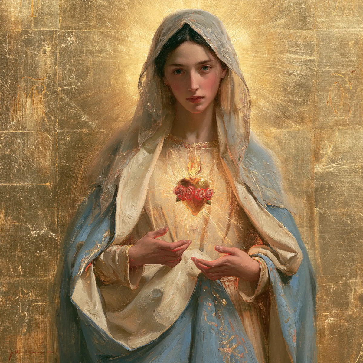 Mary revealing her Immaculate Heart in Sacred Gold style, square Christian artwork no. 9
