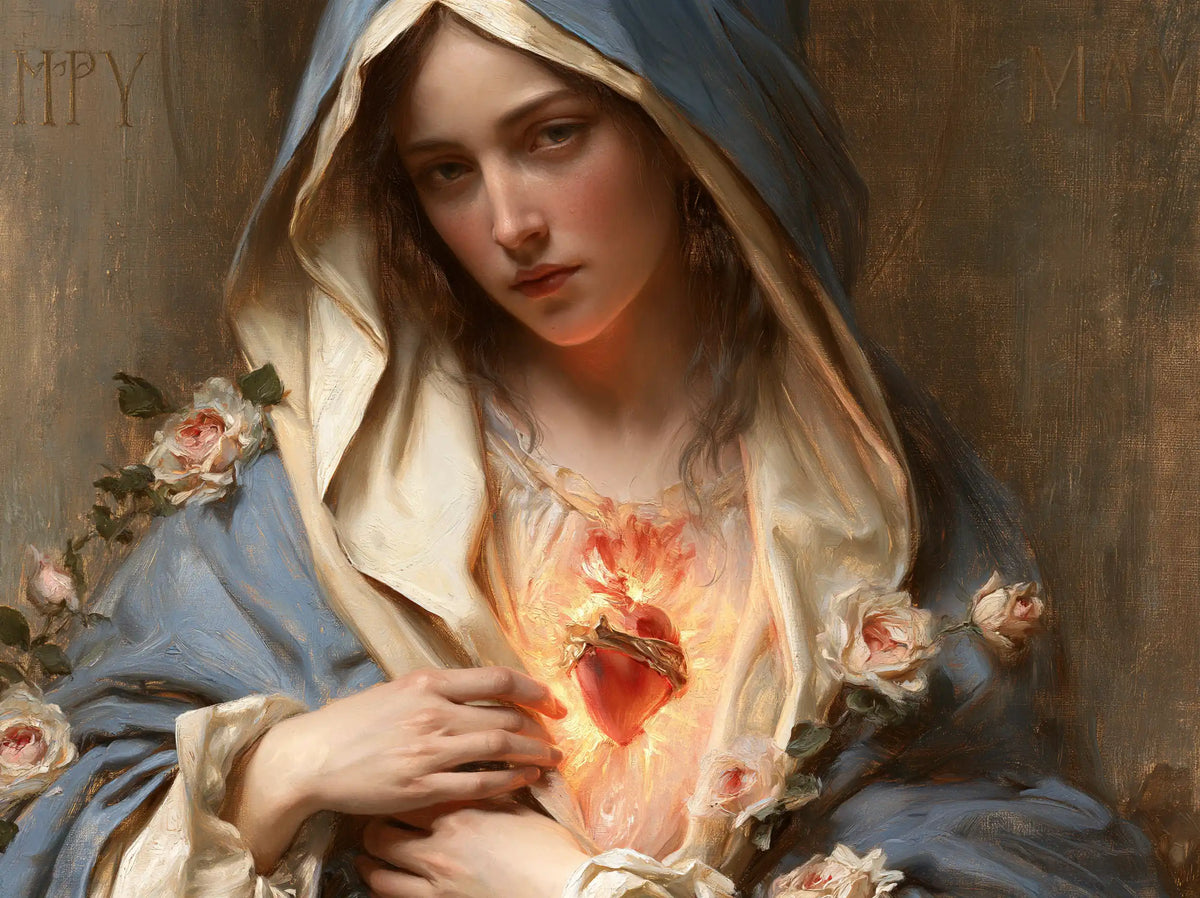 Mary with her Immaculate Heart in sacred maternal tenderness in Sacred Maternal Tenderness style, landscape Christian artwork no. 1