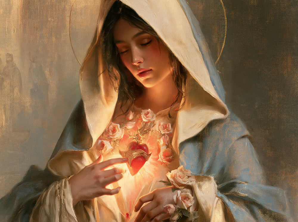 Mary with her Immaculate Heart in sacred maternal tenderness in Sacred Maternal Tenderness style, landscape Christian artwork no. 2