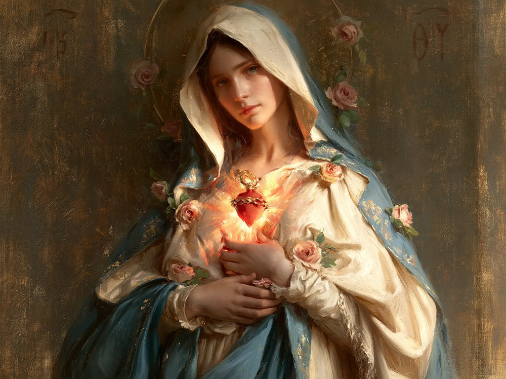 Mary with her Immaculate Heart in sacred maternal tenderness in Sacred Maternal Tenderness style, landscape Christian artwork no. 5
