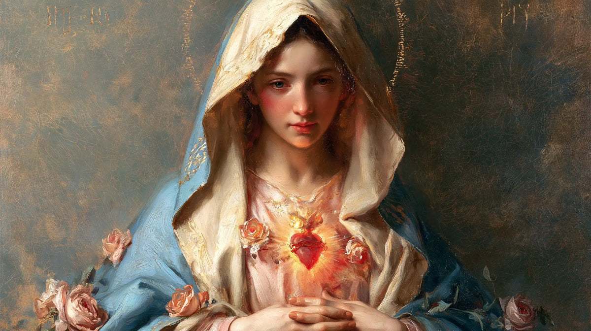 Mary with her Immaculate Heart in sacred maternal tenderness in Sacred Maternal Tenderness style, landscape Christian artwork no. 13