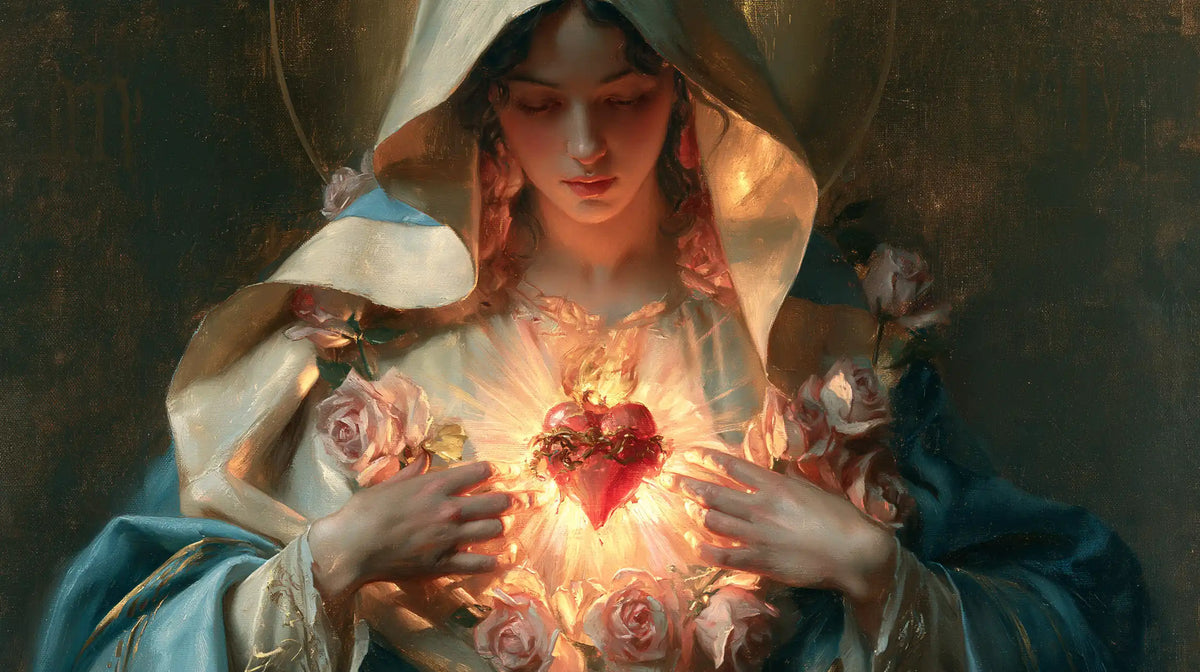 Mary with her Immaculate Heart in sacred maternal tenderness in Sacred Maternal Tenderness style, landscape Christian artwork no. 15