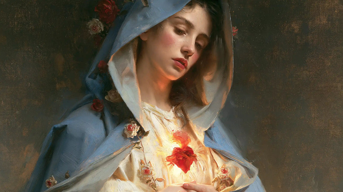 Mary with her Immaculate Heart in sacred maternal tenderness in Sacred Maternal Tenderness style, landscape Christian artwork no. 24