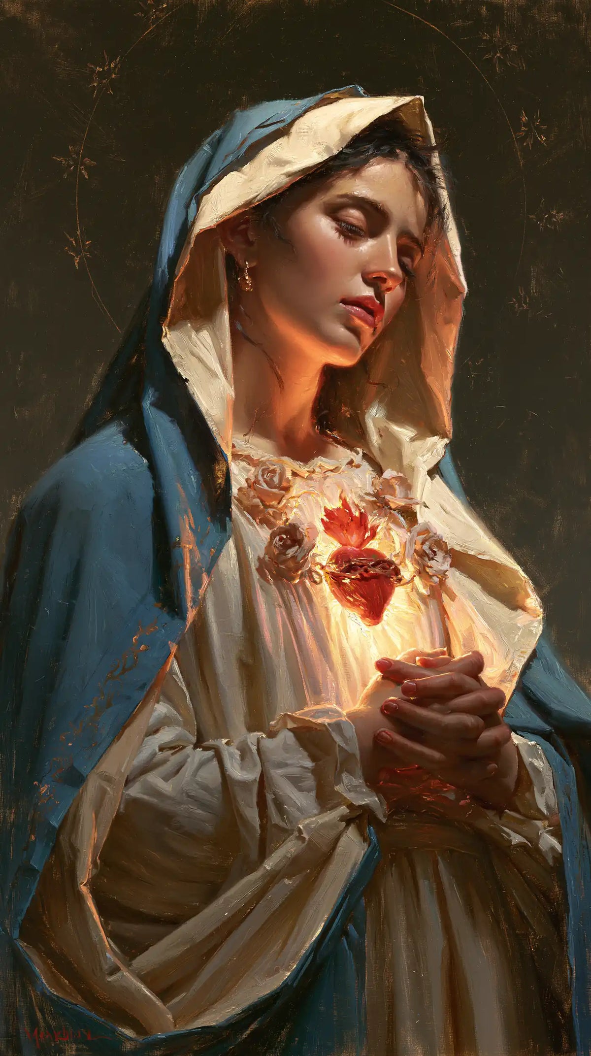 Mary with her Immaculate Heart in sacred maternal tenderness in Sacred Maternal Tenderness style, portrait Christian artwork no. 6