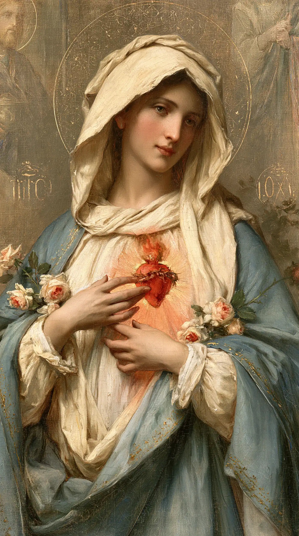 Mary with her Immaculate Heart in sacred maternal tenderness in Sacred Maternal Tenderness style, portrait Christian artwork no. 8