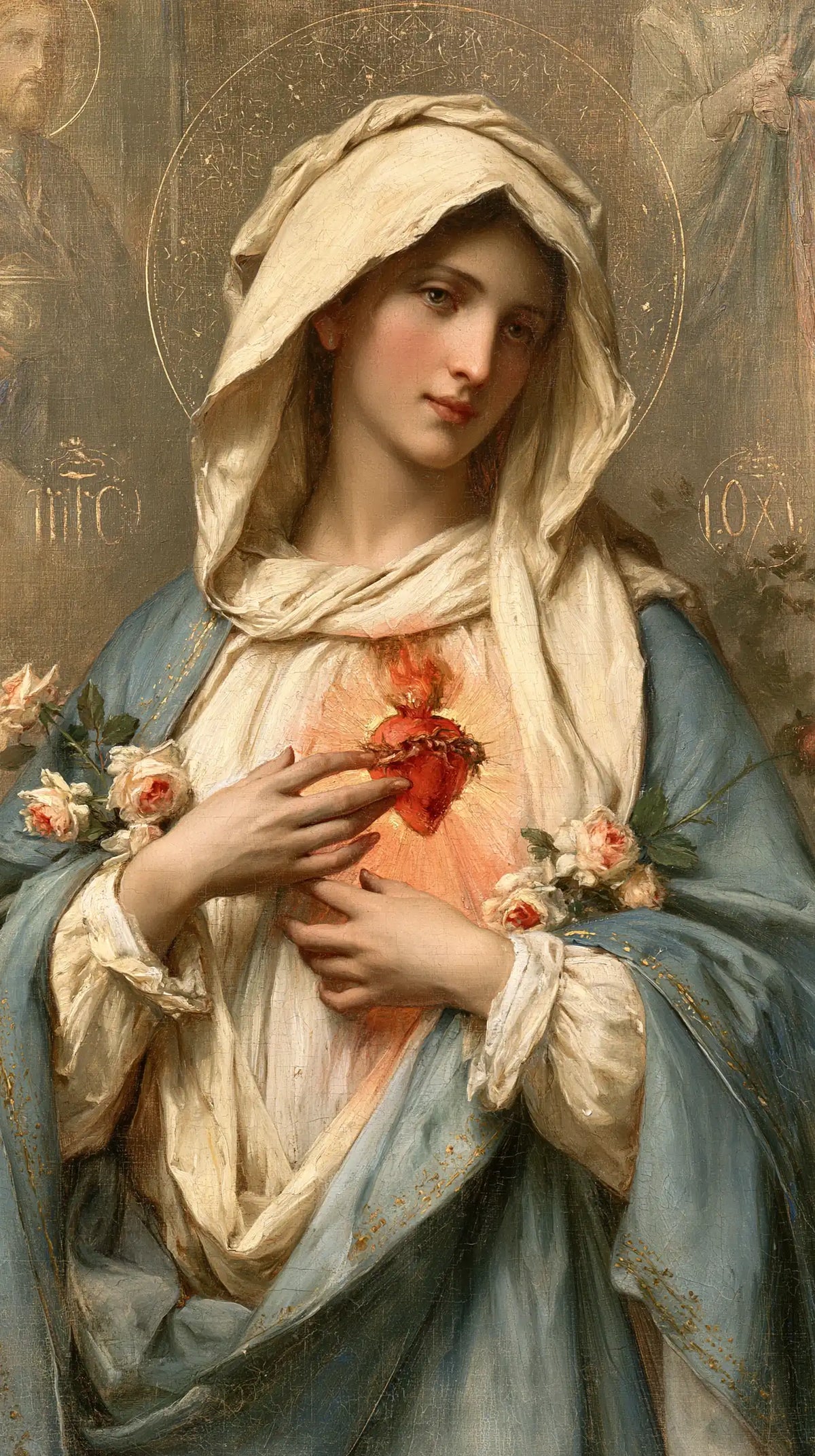Mary with her Immaculate Heart in sacred maternal tenderness in Sacred Maternal Tenderness style, portrait Christian artwork no. 8