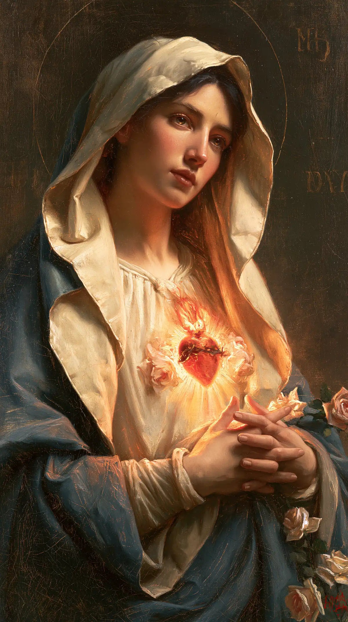 Mary with her Immaculate Heart in sacred maternal tenderness in Sacred Maternal Tenderness style, portrait Christian artwork no. 9