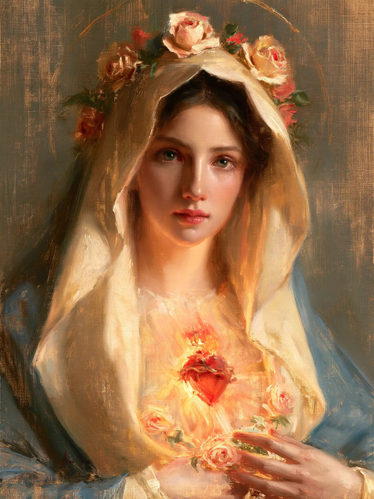 Mary with her Immaculate Heart in sacred maternal tenderness in Sacred Maternal Tenderness style, portrait Christian artwork no. 20