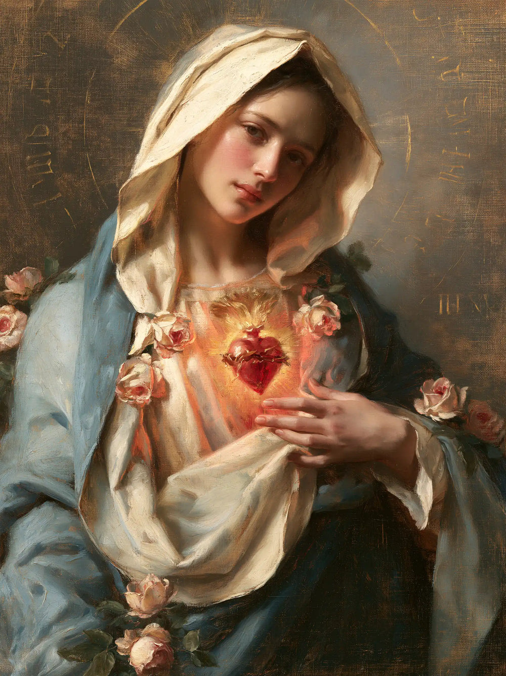 Mary with her Immaculate Heart in sacred maternal tenderness in Sacred Maternal Tenderness style, portrait Christian artwork no. 21