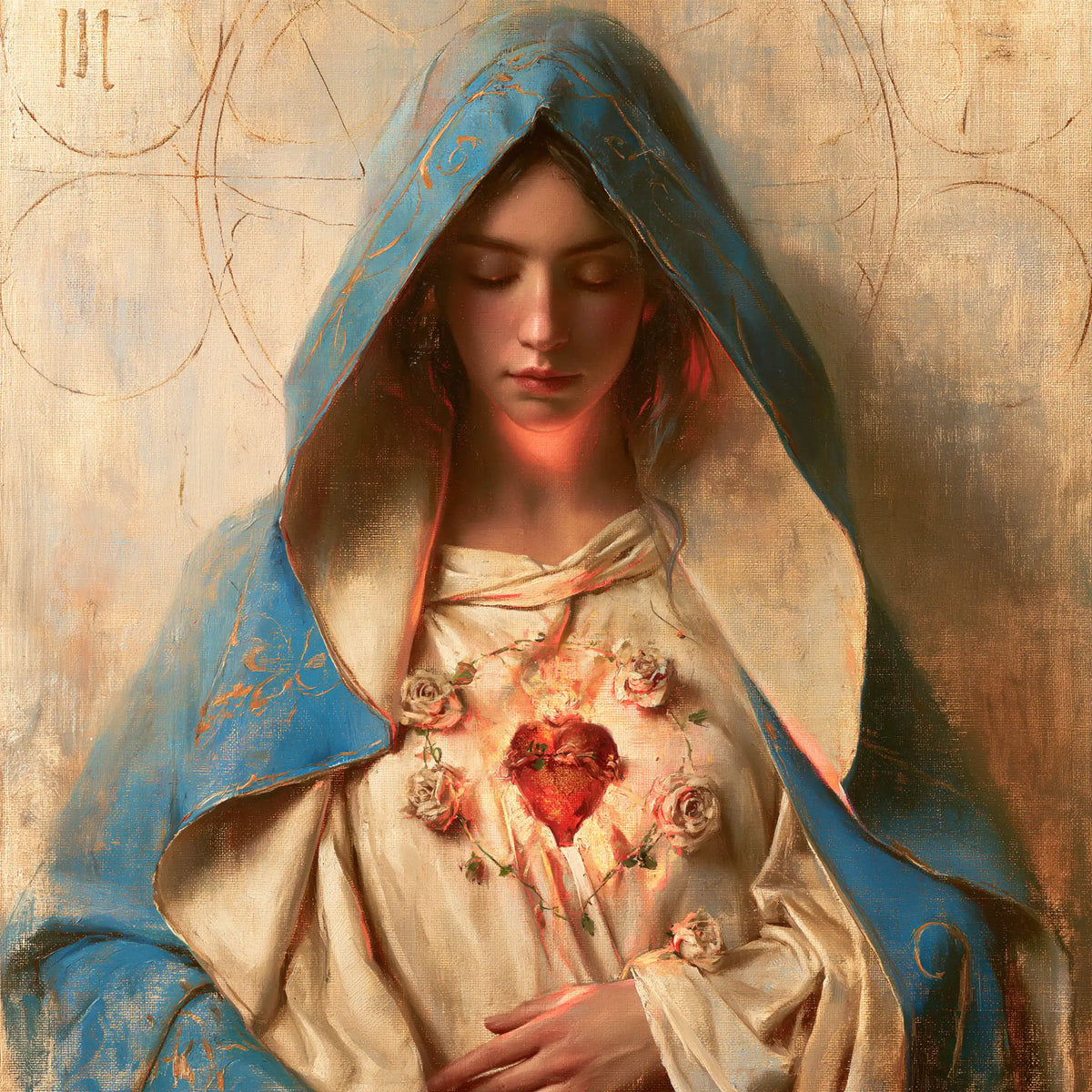 Mary with her Immaculate Heart in sacred maternal tenderness in Sacred Maternal Tenderness style, square Christian artwork no. 7