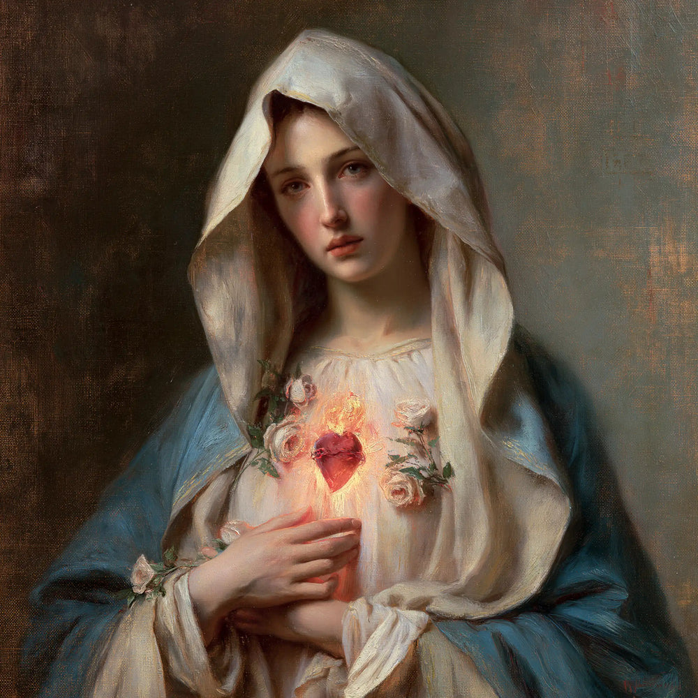 Mary with her Immaculate Heart in sacred maternal tenderness in Sacred Maternal Tenderness style, square Christian artwork no. 8