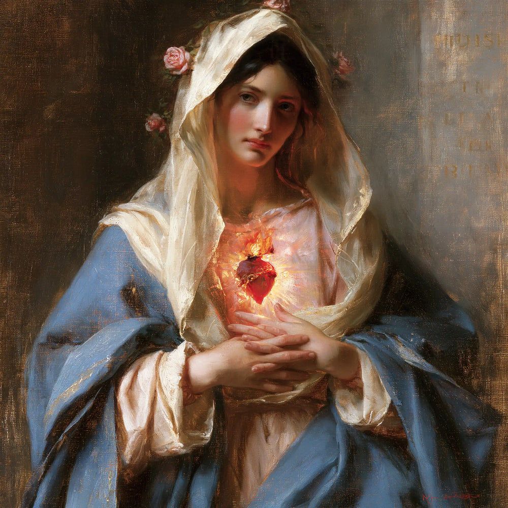 Mary with her Immaculate Heart in sacred maternal tenderness in Sacred Maternal Tenderness style, square Christian artwork no. 9