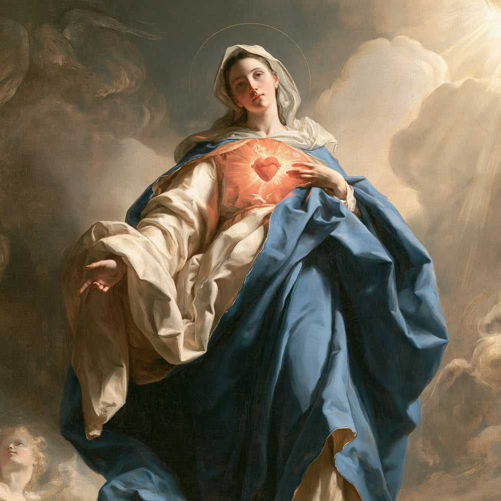 the Immaculate Heart of Mary in a monumental sacred view in Sacred Monumental View style, square Christian artwork no. 4