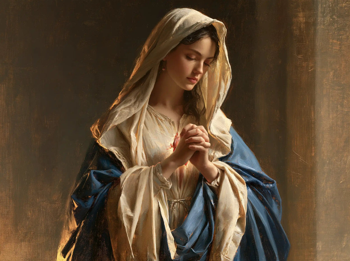 the Immaculate Heart of Mary in devotional silence in The Silence of Devotion style, landscape Christian artwork no. 2