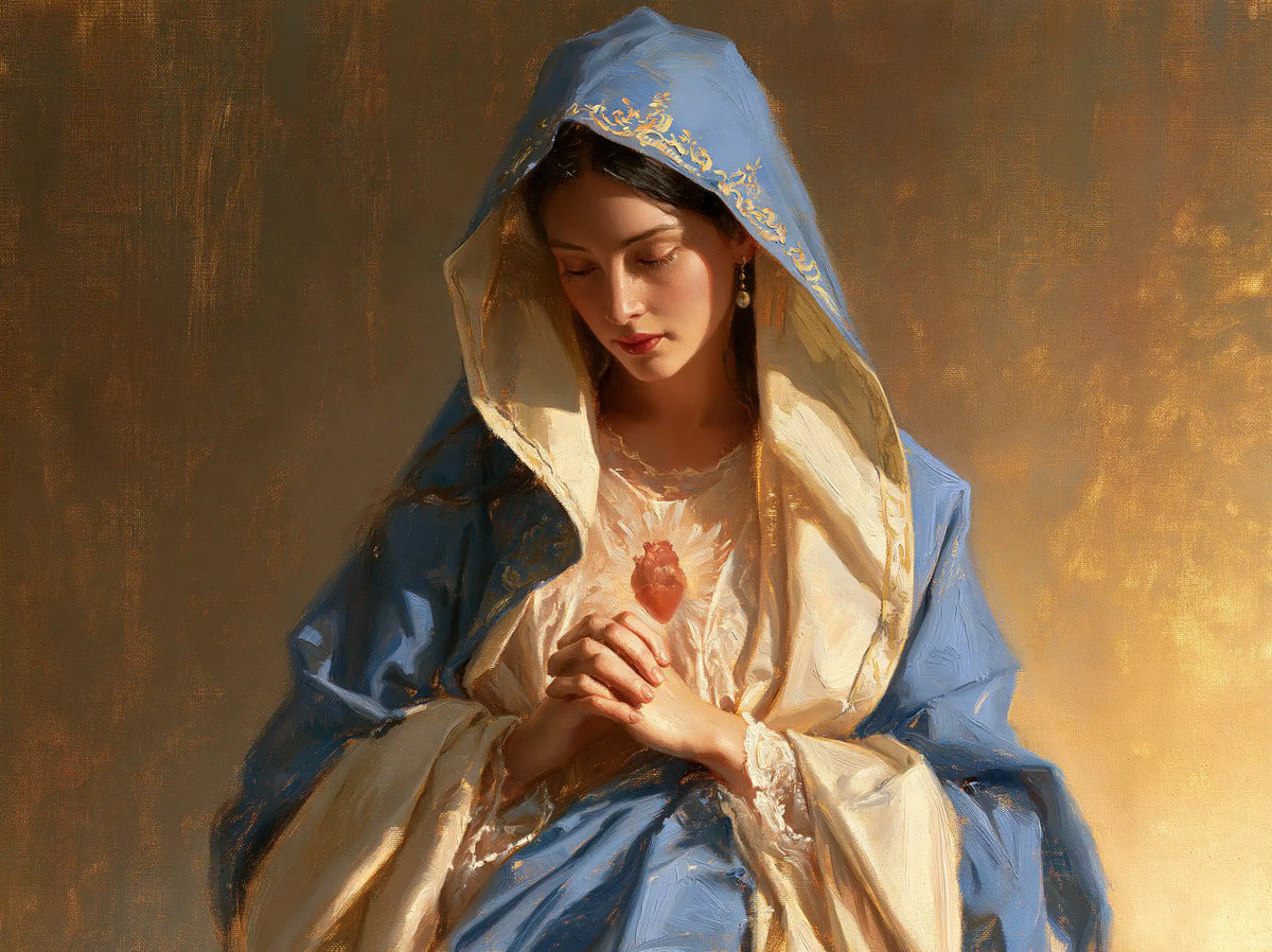 the Immaculate Heart of Mary in devotional silence in The Silence of Devotion style, landscape Christian artwork no. 3
