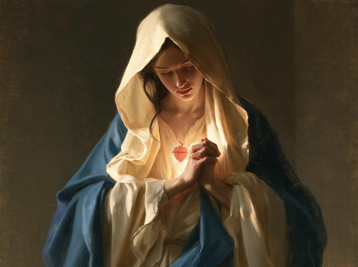 the Immaculate Heart of Mary in devotional silence in The Silence of Devotion style, landscape Christian artwork no. 4