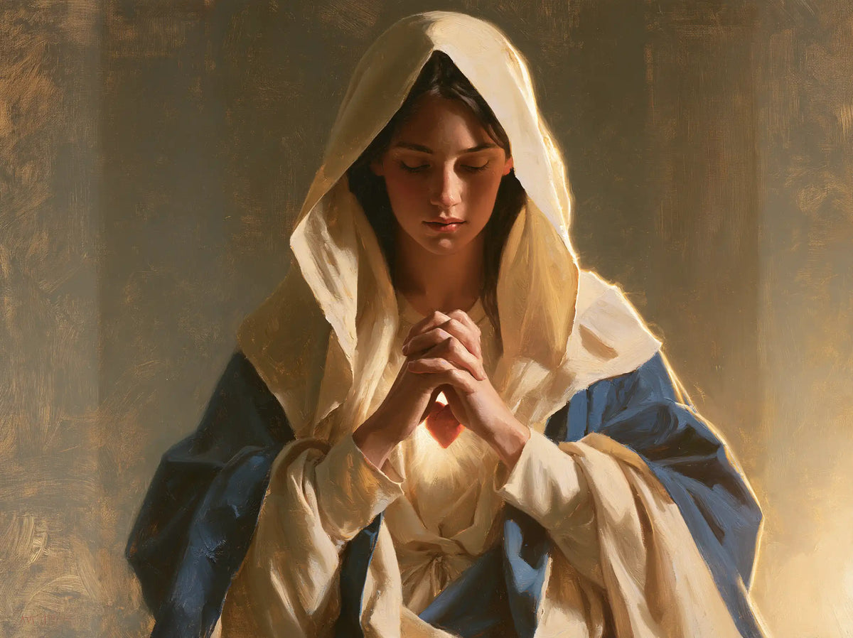 the Immaculate Heart of Mary in devotional silence in The Silence of Devotion style, landscape Christian artwork no. 8
