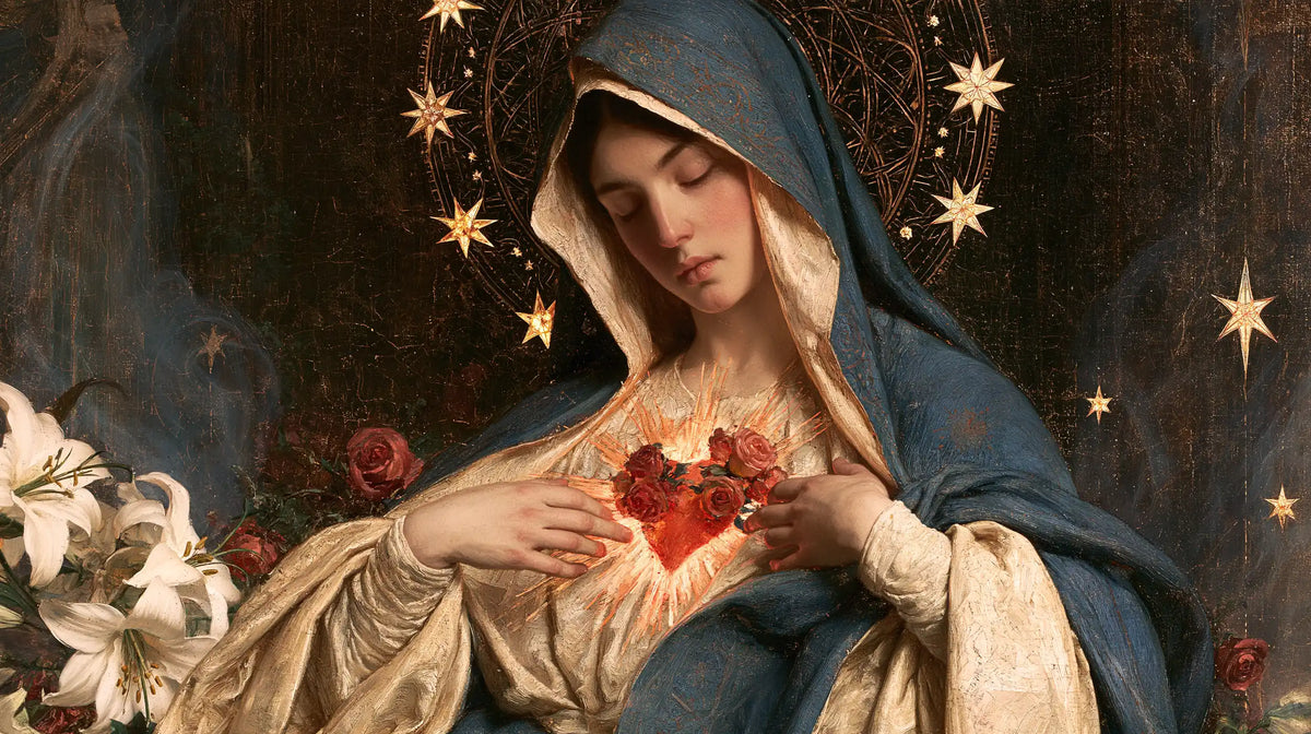 the Immaculate Heart of Mary in a symbolist composition in Symbolist style, landscape Christian artwork no. 17