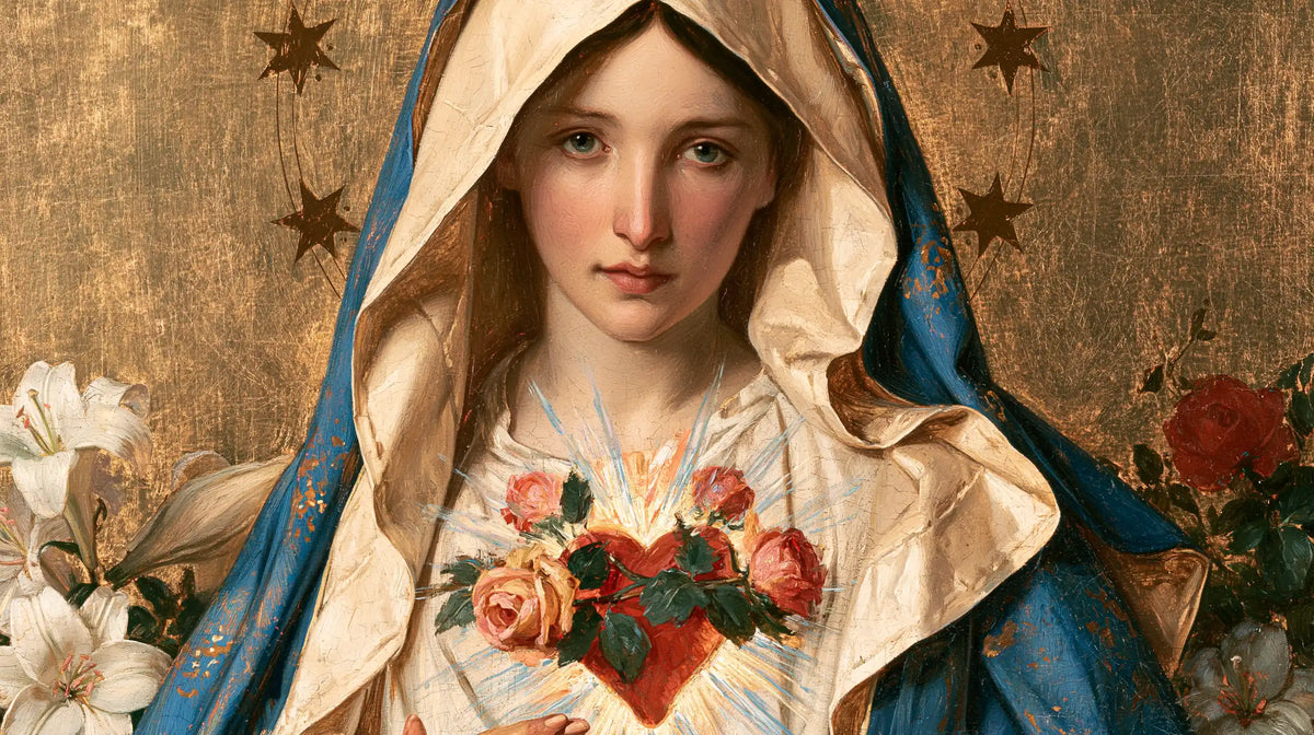 the Immaculate Heart of Mary in a symbolist composition in Symbolist style, landscape Christian artwork no. 18