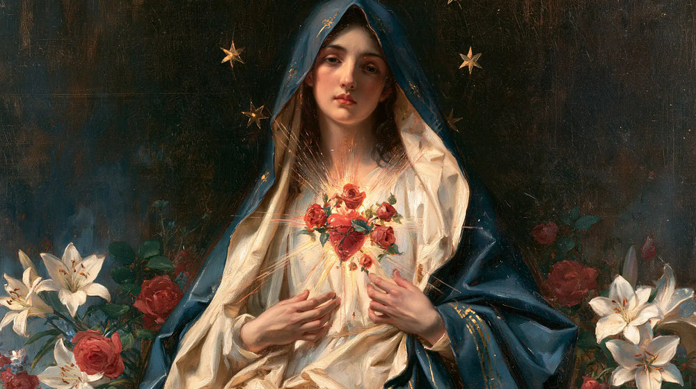 the Immaculate Heart of Mary in a symbolist composition in Symbolist style, landscape Christian artwork no. 19