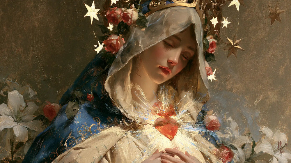 the Immaculate Heart of Mary in a symbolist composition in Symbolist style, landscape Christian artwork no. 20