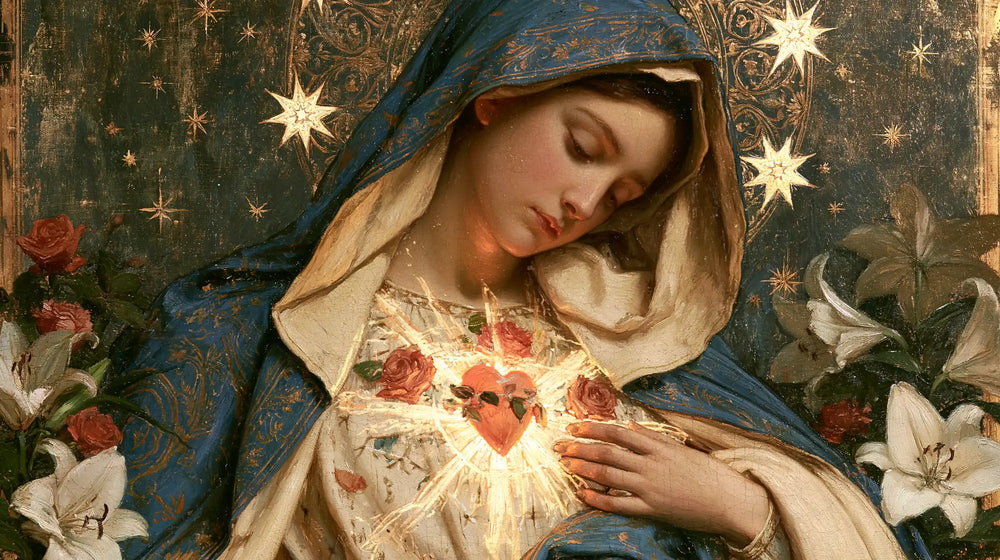 the Immaculate Heart of Mary in a symbolist composition in Symbolist style, landscape Christian artwork no. 21