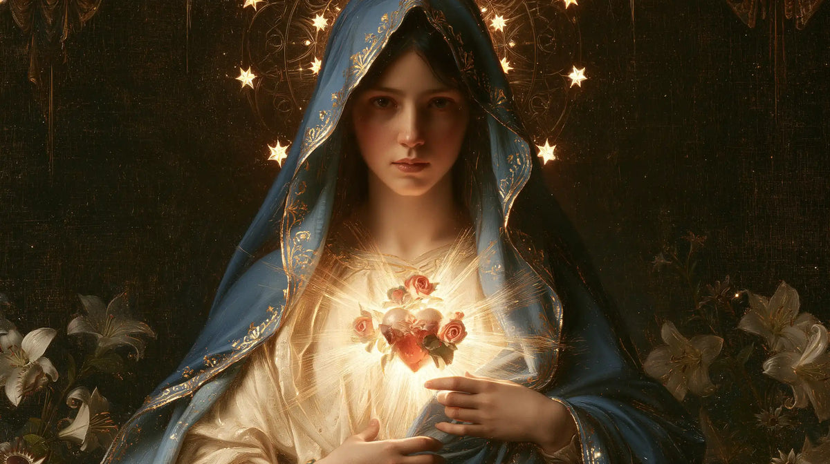 the Immaculate Heart of Mary in a symbolist composition in Symbolist style, landscape Christian artwork no. 23