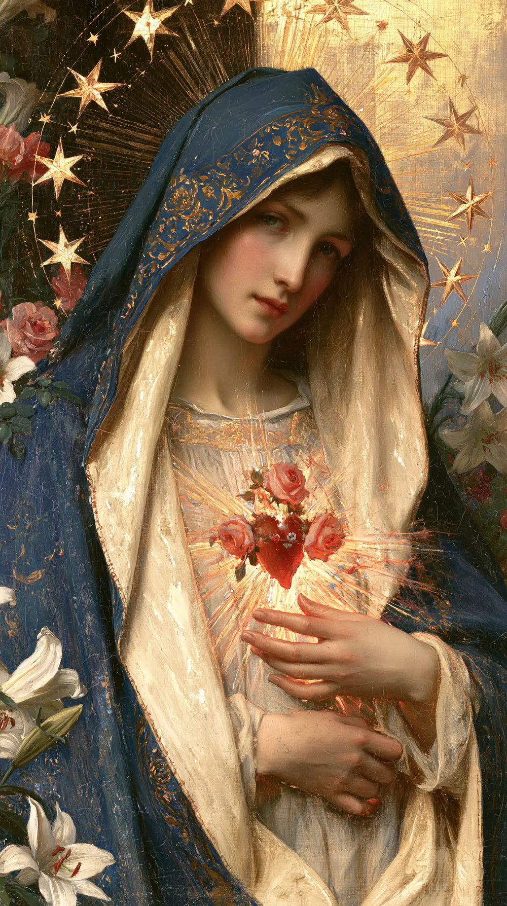 the Immaculate Heart of Mary in a symbolist composition in Symbolist style, portrait Christian artwork no. 1