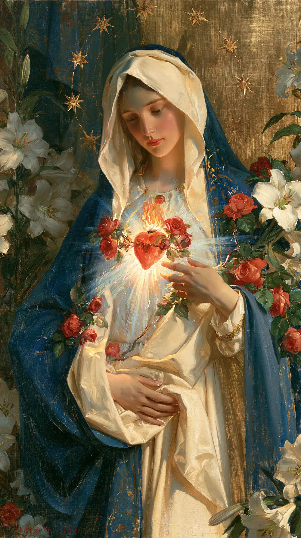 the Immaculate Heart of Mary in a symbolist composition in Symbolist style, portrait Christian artwork no. 10