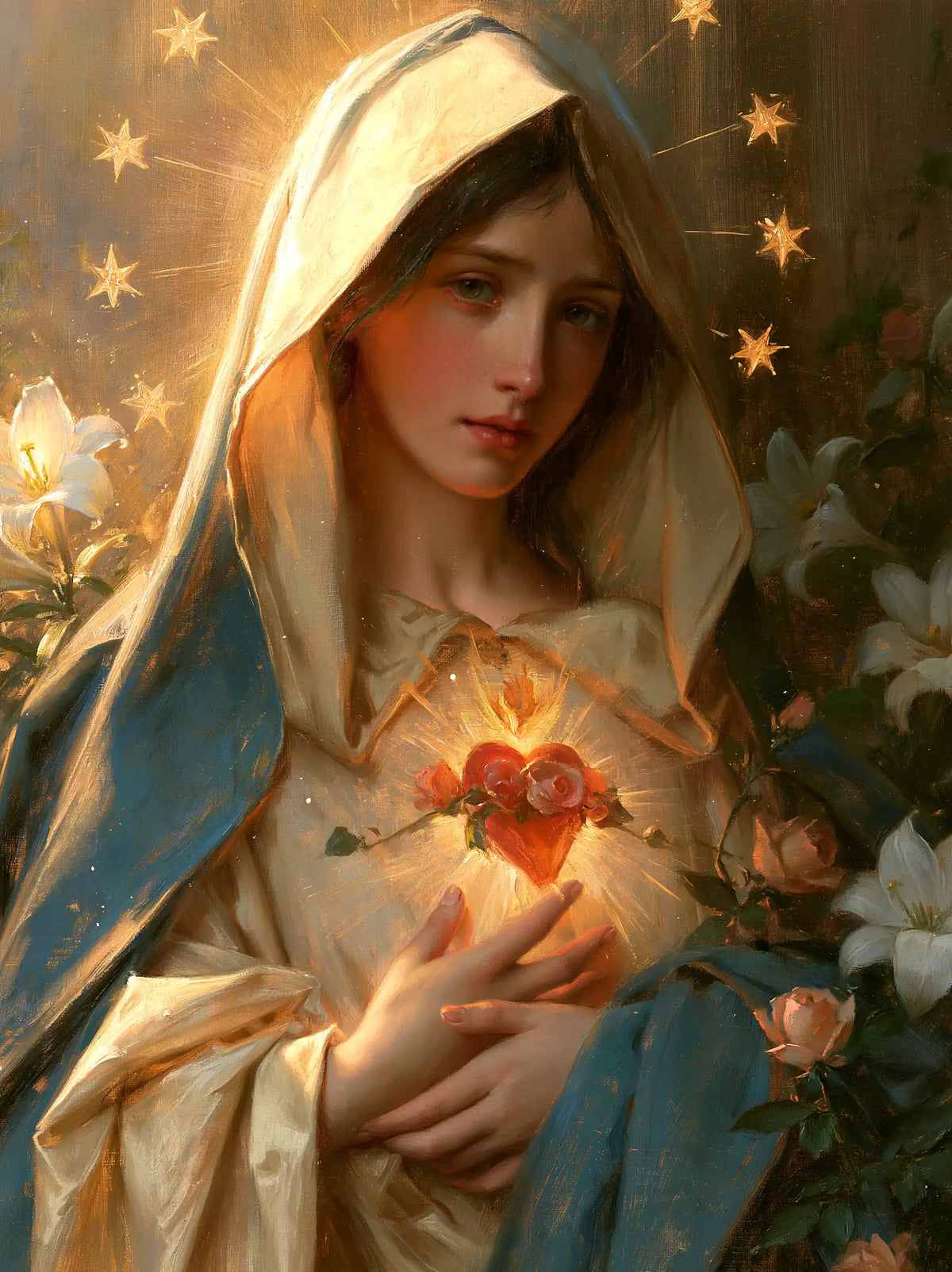 the Immaculate Heart of Mary in a symbolist composition in Symbolist style, portrait Christian artwork no. 17