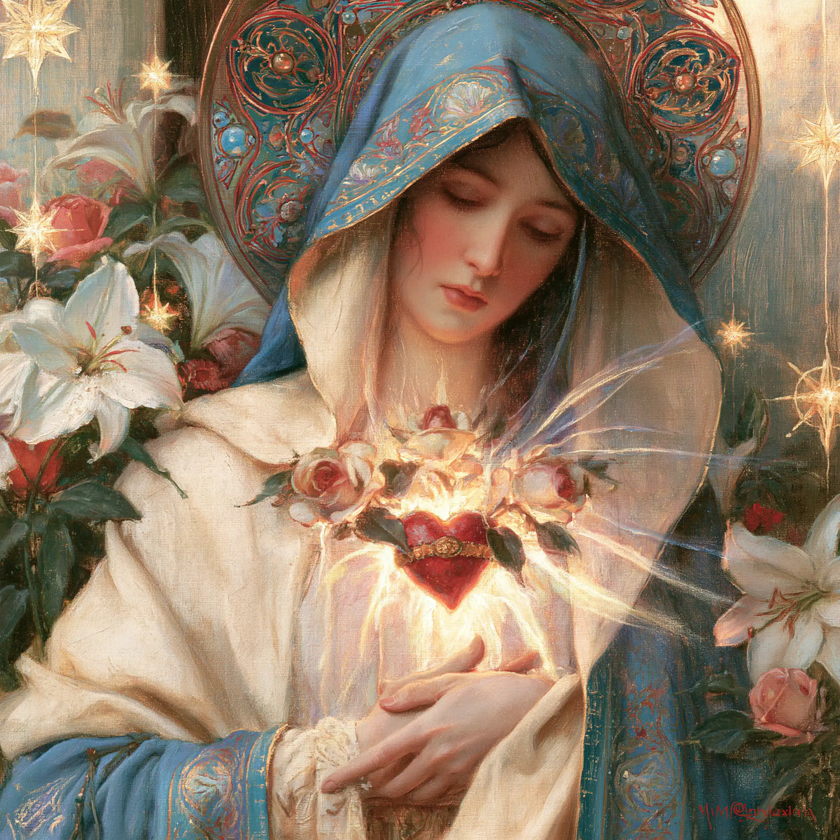 the Immaculate Heart of Mary in a symbolist composition in Symbolist style, square Christian artwork no. 2