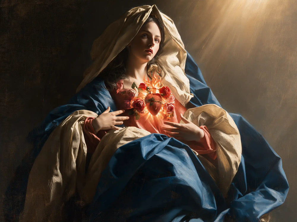 the Immaculate Heart of Mary in a theatrical Baroque scene in Theatrical Baroque style, landscape Christian artwork no. 1