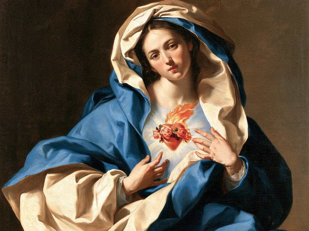 the Immaculate Heart of Mary in a theatrical Baroque scene in Theatrical Baroque style, landscape Christian artwork no. 4