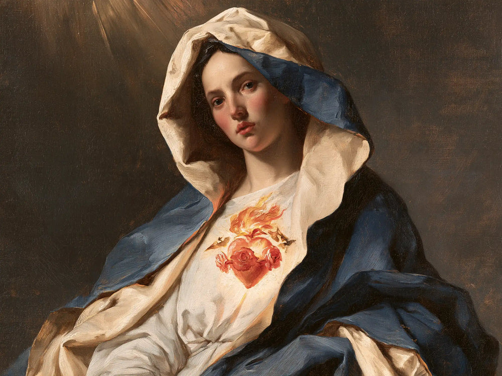 the Immaculate Heart of Mary in a theatrical Baroque scene in Theatrical Baroque style, landscape Christian artwork no. 5