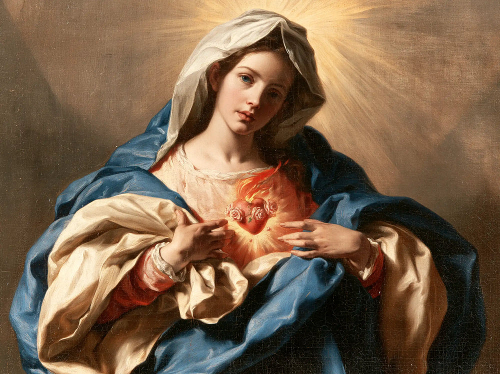 the Immaculate Heart of Mary in a theatrical Baroque scene in Theatrical Baroque style, landscape Christian artwork no. 7