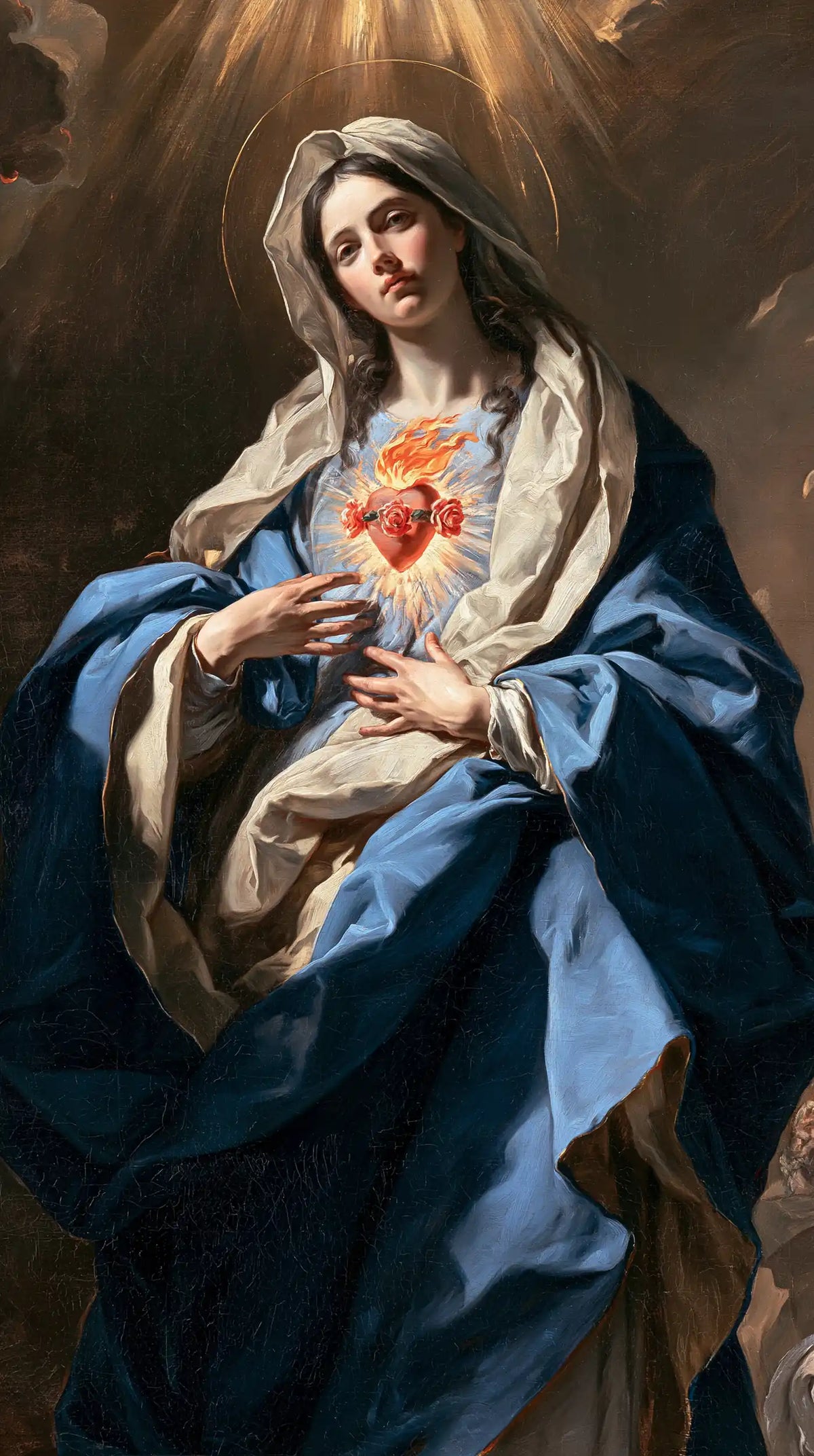 the Immaculate Heart of Mary in a theatrical Baroque scene in Theatrical Baroque style, portrait Christian artwork no. 6