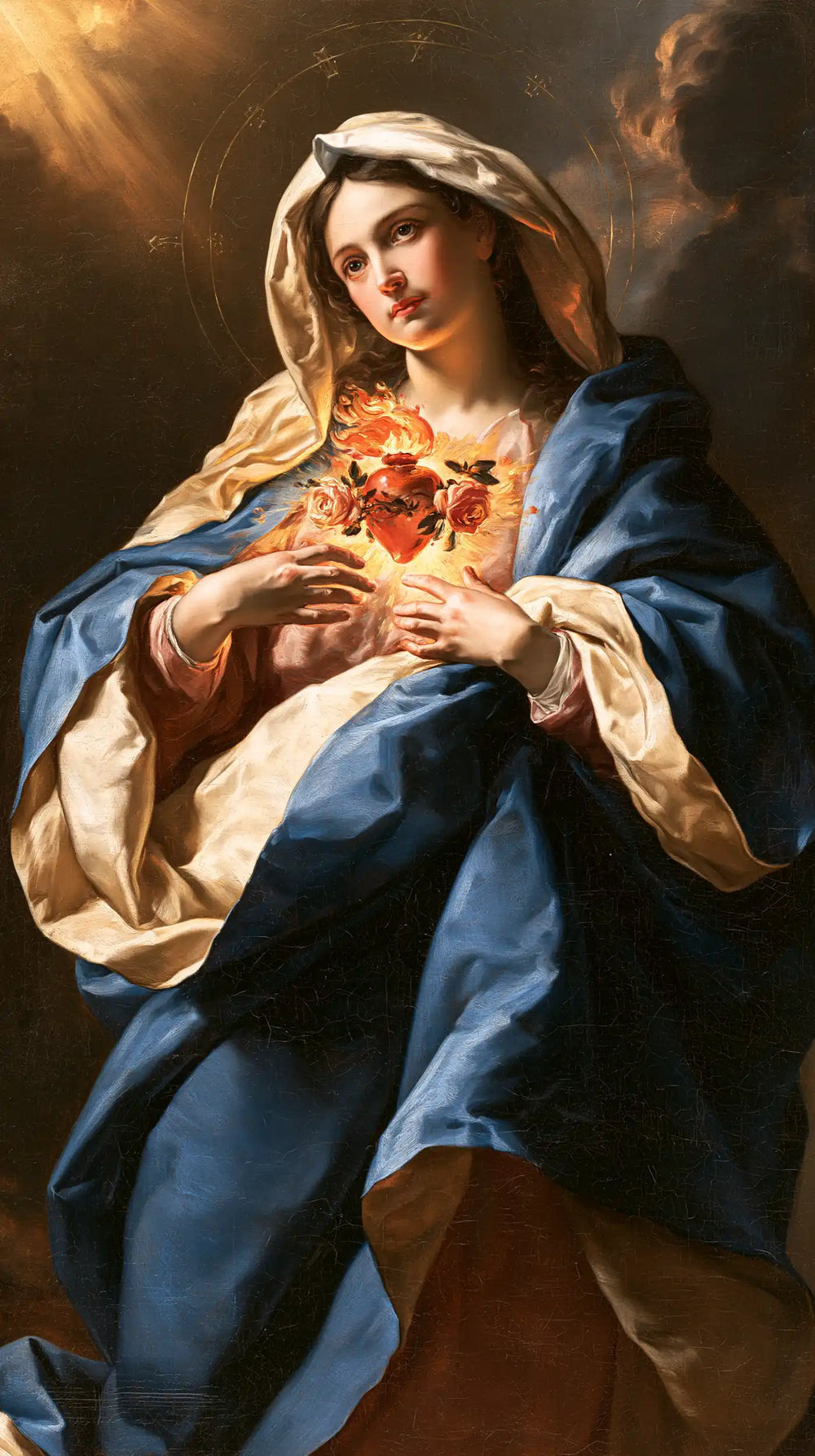 the Immaculate Heart of Mary in a theatrical Baroque scene in Theatrical Baroque style, portrait Christian artwork no. 7