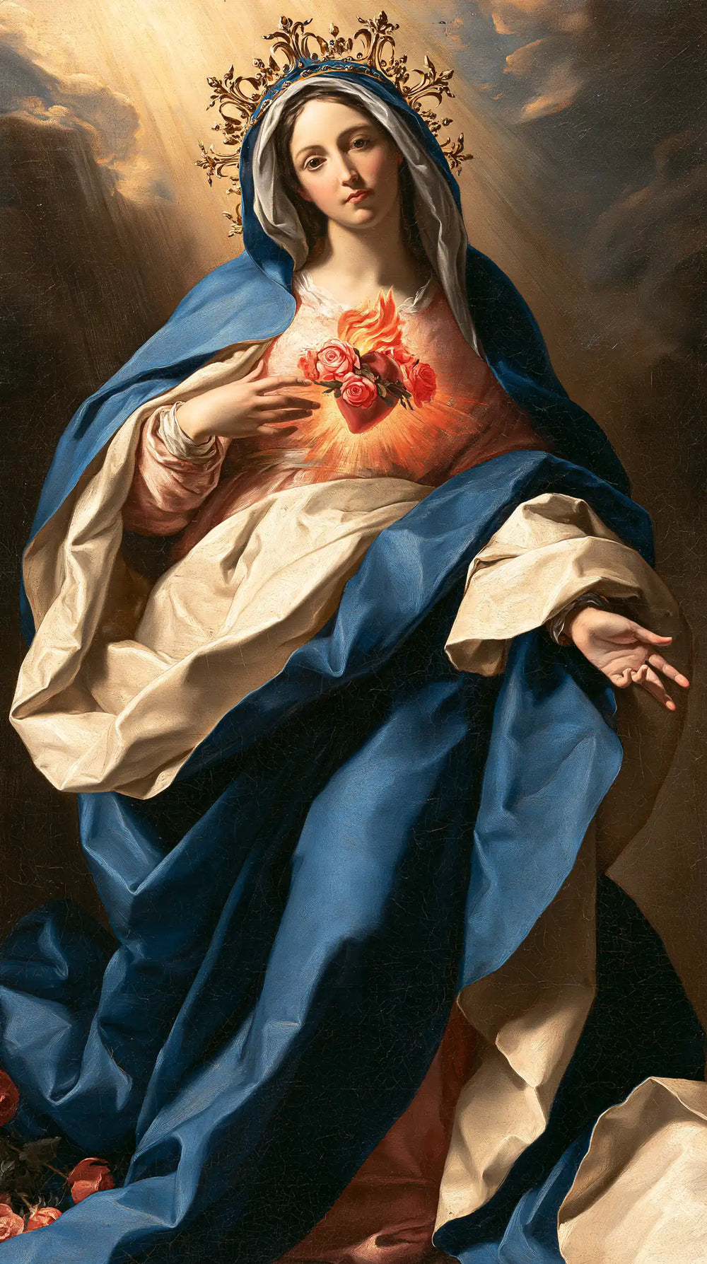 the Immaculate Heart of Mary in a theatrical Baroque scene in Theatrical Baroque style, portrait Christian artwork no. 9