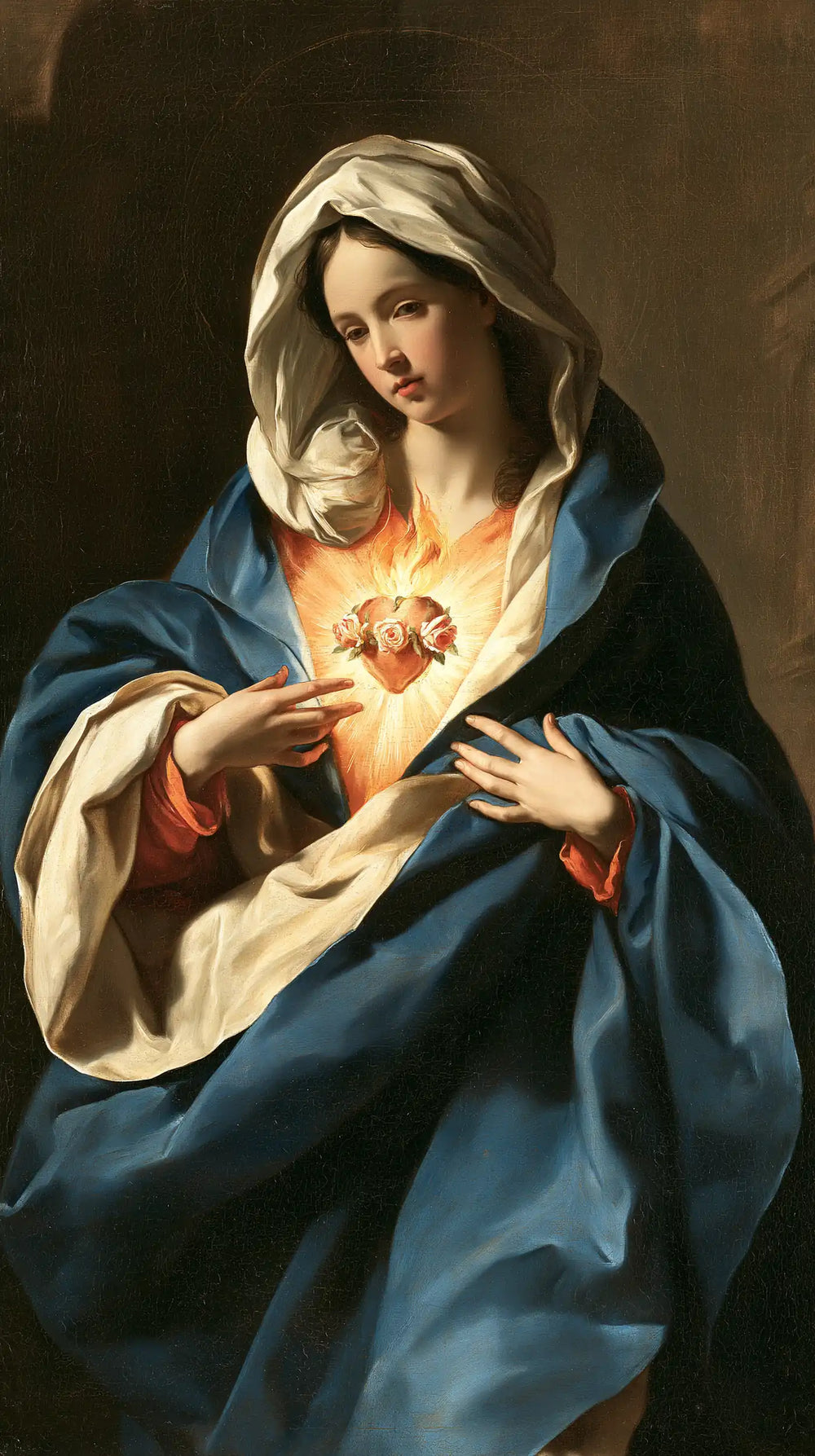 the Immaculate Heart of Mary in a theatrical Baroque scene in Theatrical Baroque style, portrait Christian artwork no. 10