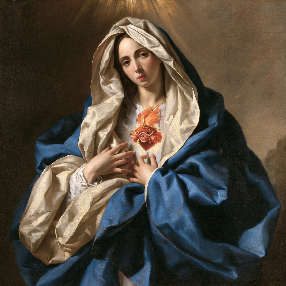the Immaculate Heart of Mary in a theatrical Baroque scene in Theatrical Baroque style, square Christian artwork no. 4