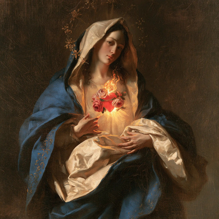 the Immaculate Heart of Mary in a theatrical Baroque scene in Theatrical Baroque style, square Christian artwork no. 5