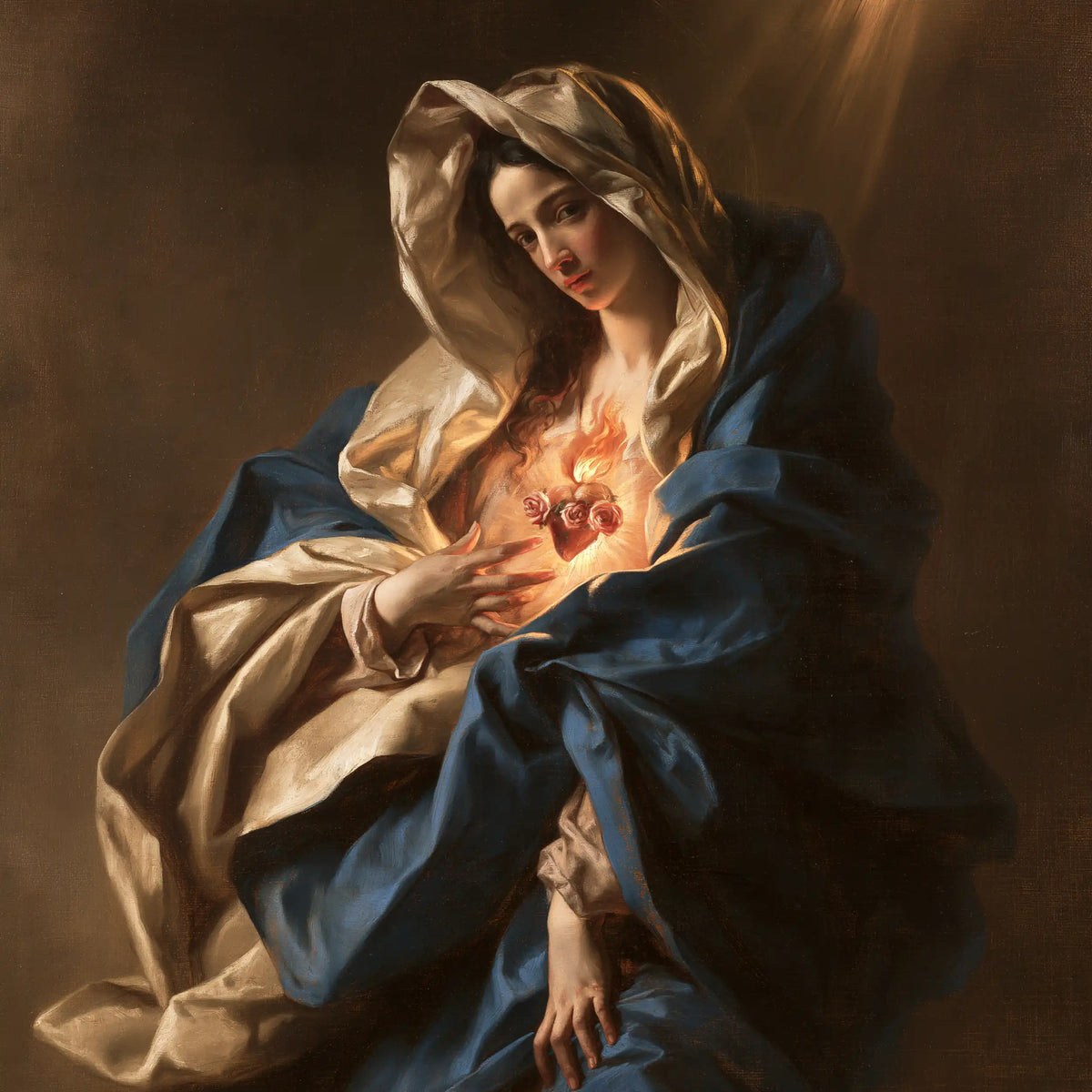 the Immaculate Heart of Mary in a theatrical Baroque scene in Theatrical Baroque style, square Christian artwork no. 6